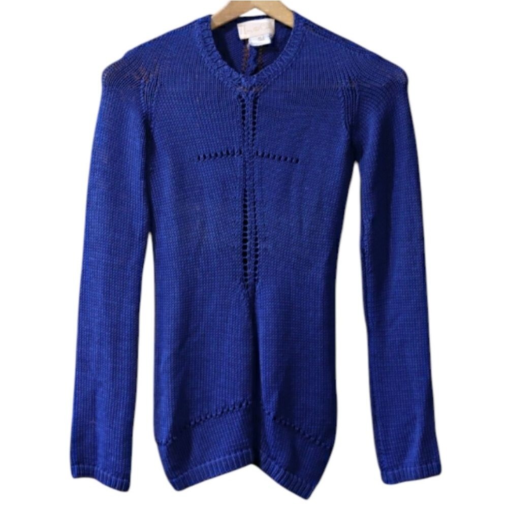 Jan & Carlos Vintage 90s Blue Knit Pullover Fitted Sweater Top Medium 46